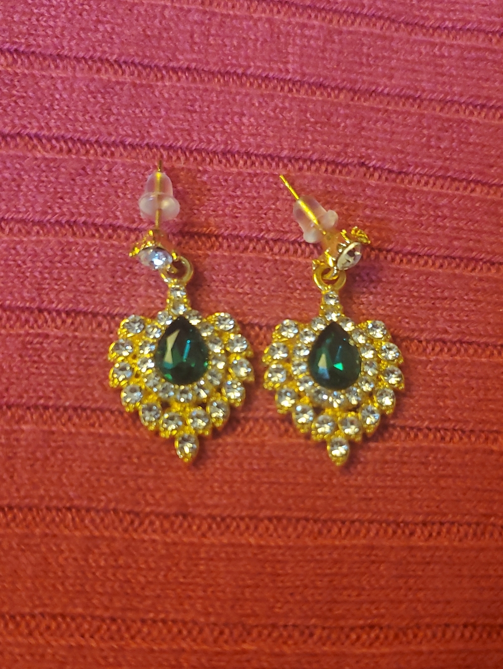 Vintage Gold Tone Faux Emerald and Rhinestone Teardrop Dangle Earrings